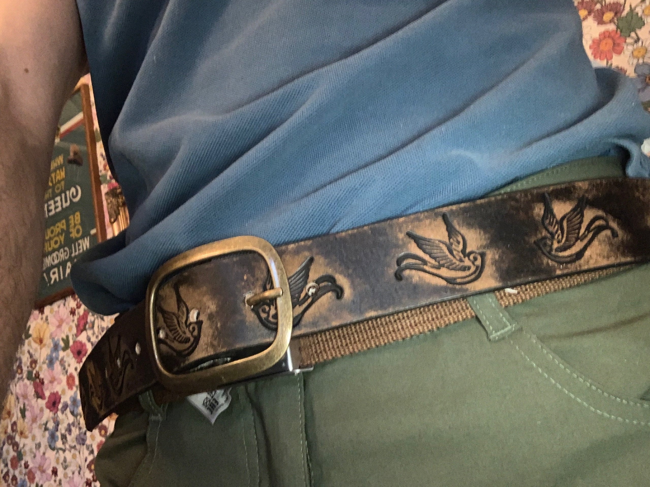 Leather Belt Sparrow Vintage Aged Leather belt - embossed sparrow snap belt  Handmade in USA Groomsmen Wedding Swallow Bird Tattoo Flash Art