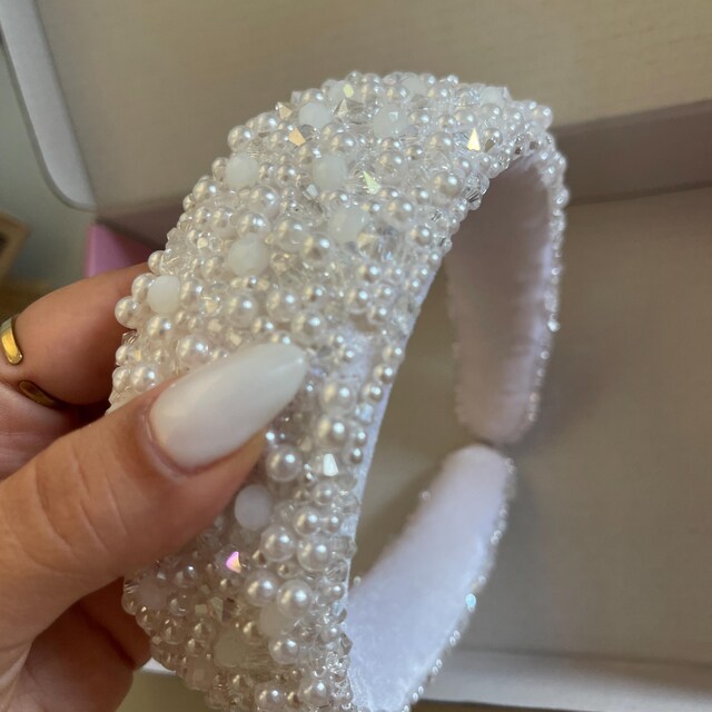 Wide Pearl and Crystal Bridal Headband: Ivory White Crystal  display picture 1