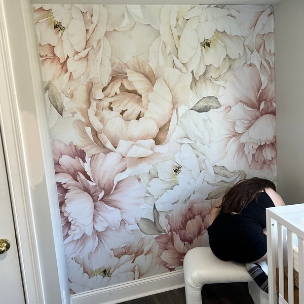 Pastel Peony Wallpaper Peel and Stick | Watercolor Soft Floral Wall ...