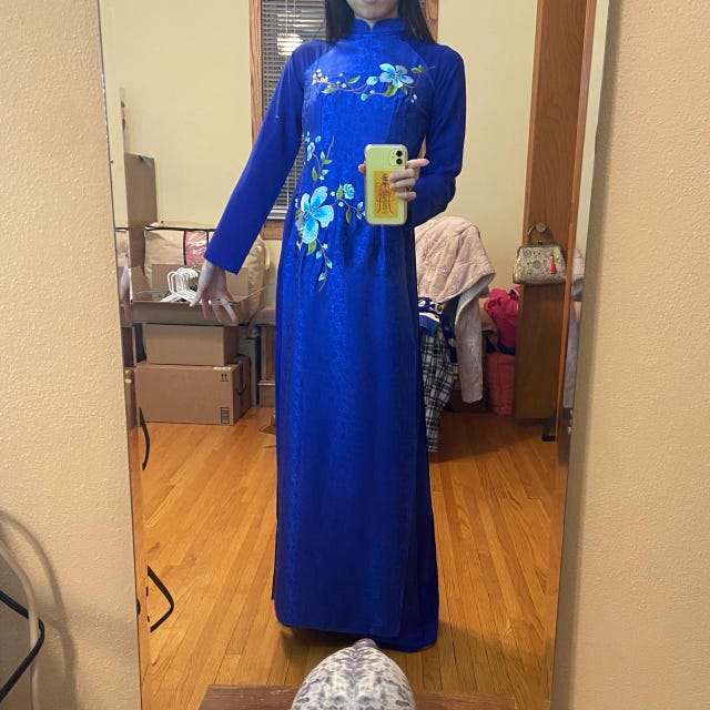 AUBREY Sapphire Blue Embroidery Ao Dai Set | áo Dài Gấm Thêu