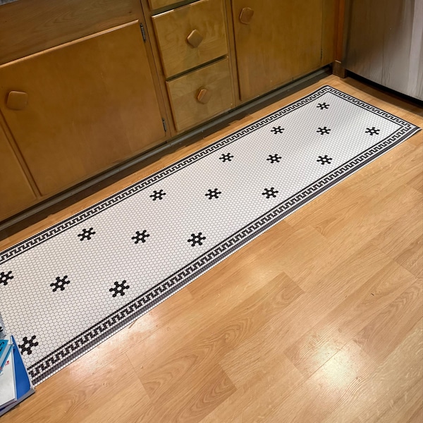Black & White Mosaic Floor Runner, Tiled Squares PVC Kitchen Rug, Vinyl ...