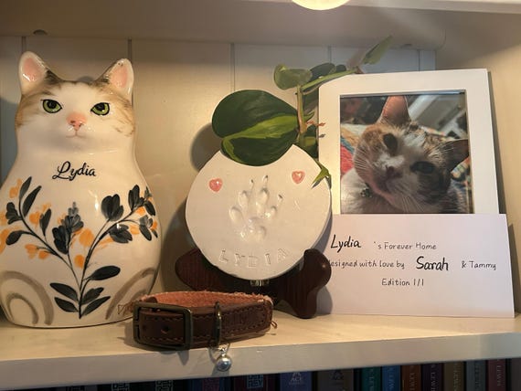 Custom cat urn hand-painted with a pet's nose freckles — 5 star Etsy review by Sarah, Farbe Ceramics