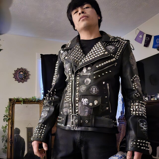 Black and White Patches Jacket Studded Genuine Leather Punk