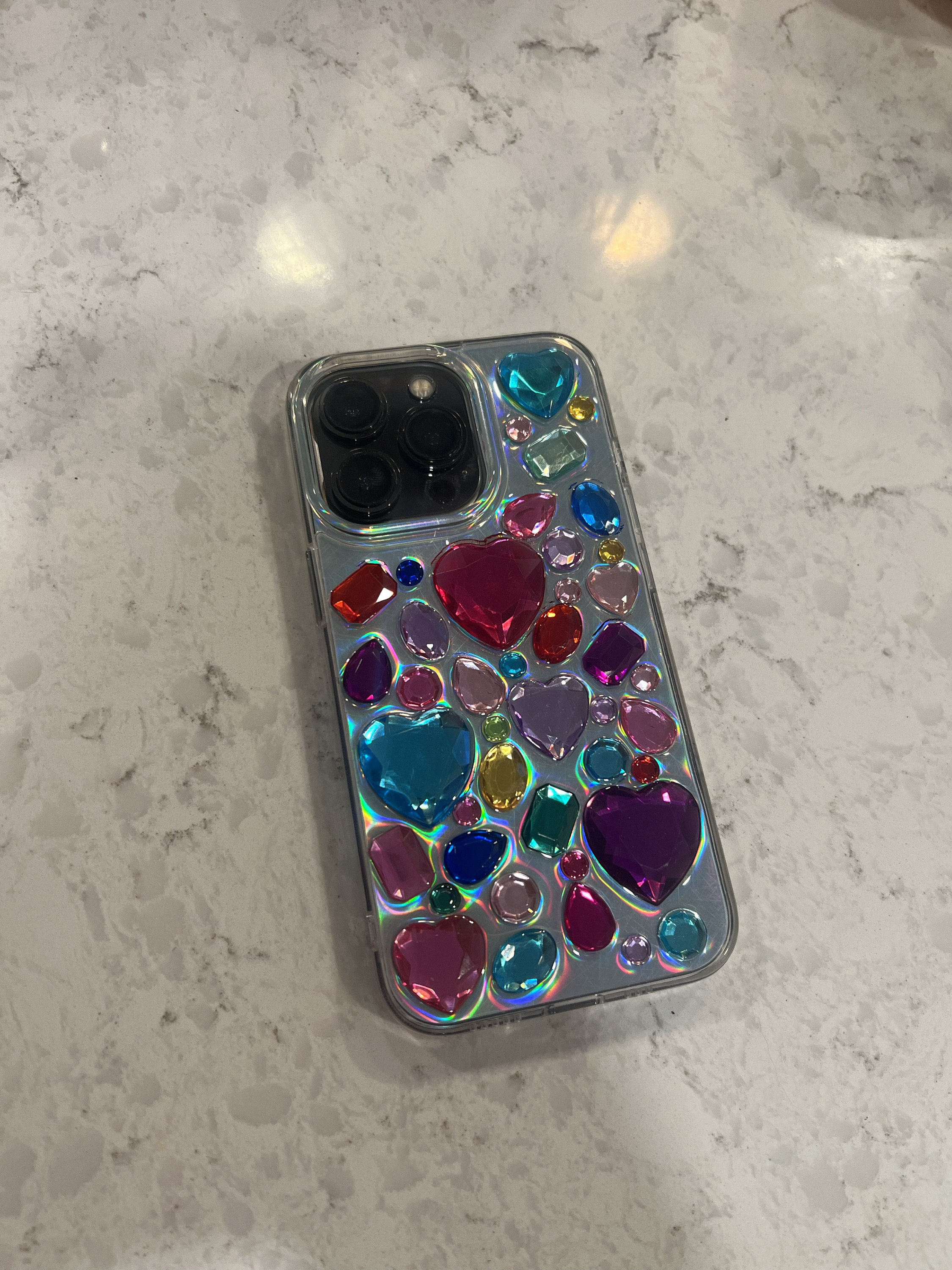 Bling Rhinestone 3D Phone Case, Holographic Insert Phone Case, Glitter iPhone Case, Hearts Phone Case for iPhone 12/13/14/15 Pro Max, Galaxy