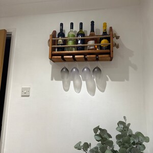 Wine Rack Wall Mounted Two tier Handcrafted Rustic Wood Bar Holds 8 Bottles of Wine Beer Gin Whisky Vodka and 5 Wine Glasses Etsy