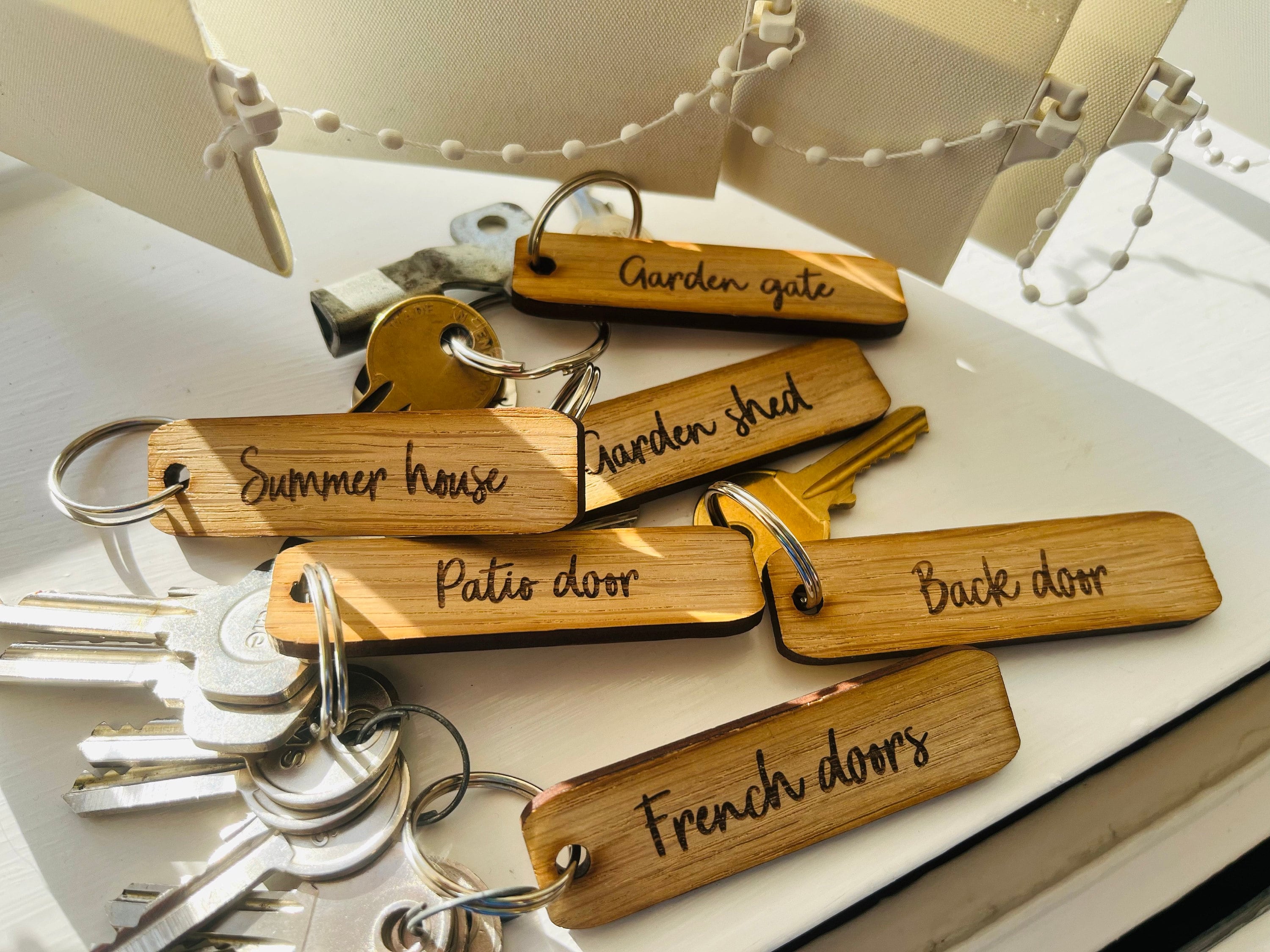 Personalized Oak Keyring, Custom Key Fob, Door, Shed Garage, Flat, Hotel, New Home Gift, Stocking Filler