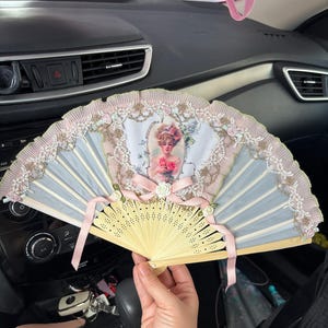 Victorian Fan, Beige Pink Green, With Laces, Ribbons and Oil