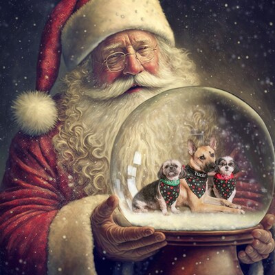 Santa Claus Holding Snow Globe Digital Background, Christmas Digital
