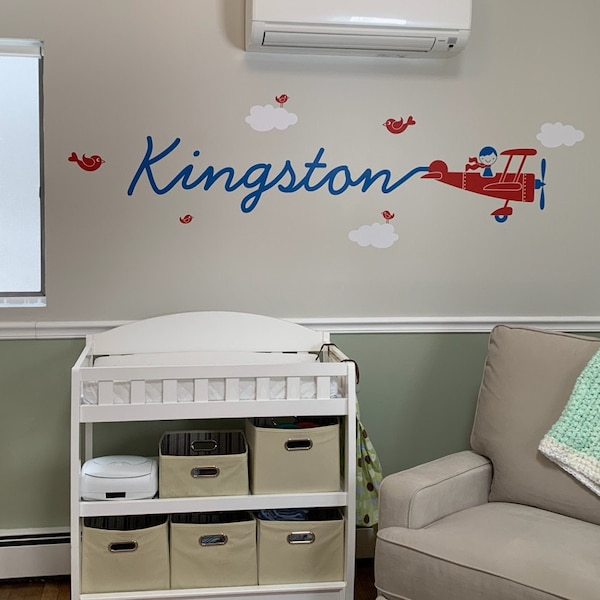 Airplane Boy Name Fabric Wall Decal Personalized Skywriter Cursive ...