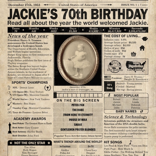 70th Birthday Newspaper Poster, Printable 70th Birthday Party Decor ...
