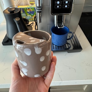 Pink Striped Travel Stoneware Tumbler, Hand Thrown Pottery Mug, Minimalist To-go Cup, Rustic Sip Mug, Modern Cup for Library, Handleless Mug