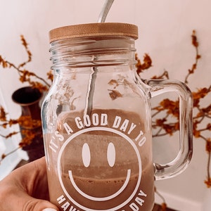 Good Day Happy Face Mason Jar Iced Coffee Cup Glass Coffee Cup