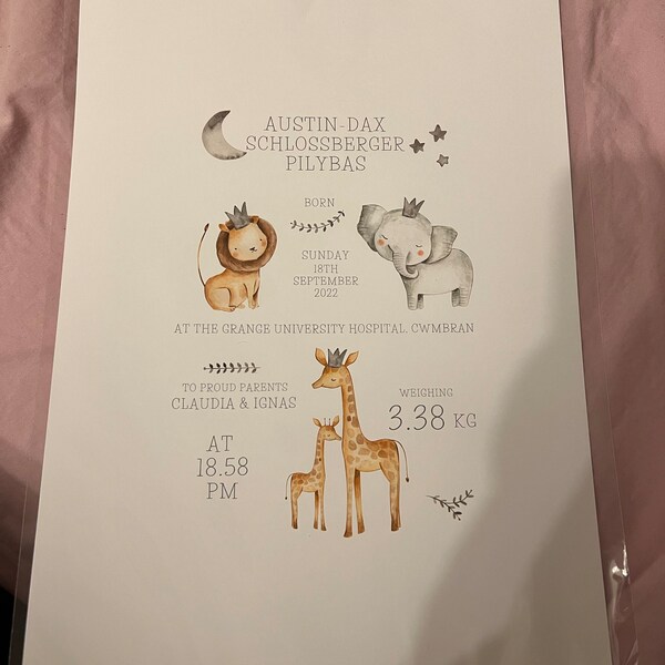 Personalised Safari Animals Print, Including Birth Details, New Baby ...