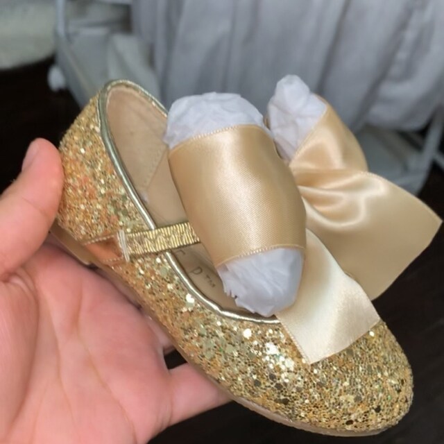 Gold Rock Glitter Mary Jane With SATIN Bow for Flower Girl Shoes
