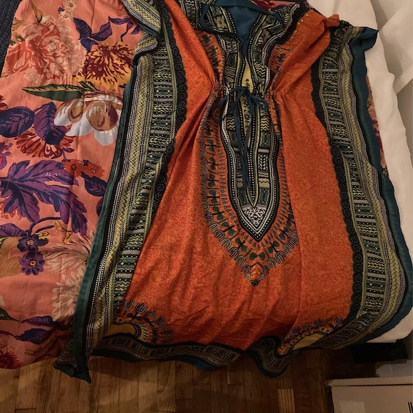 Indigo Floral Printed Cotton Kaftan Dress with Adjustable Drawstring