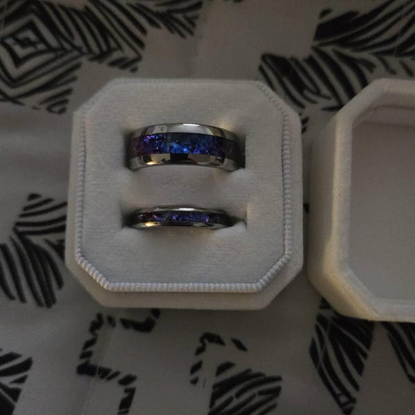 Space Ring Set Lotus Starry Night Ring Set, His and Her Wedding Band Set, Tungsten ...
