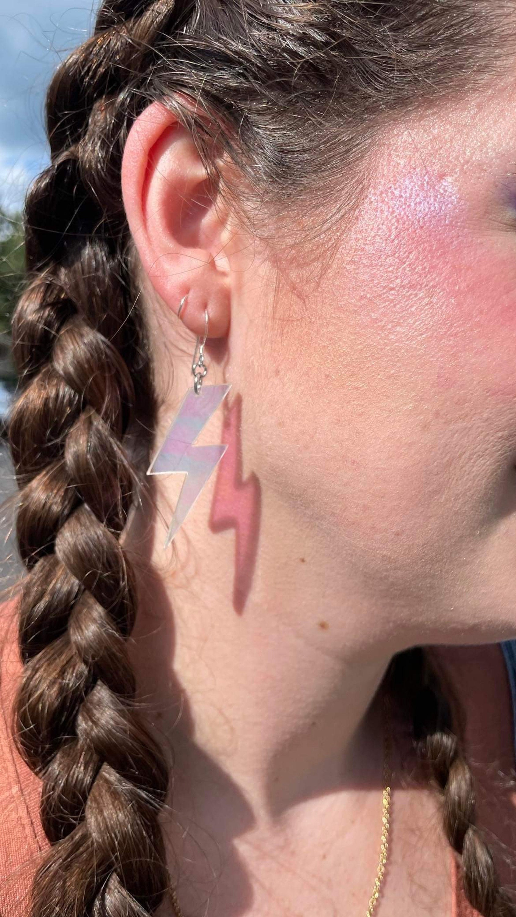 Iridescent Lightning Bolt Earrings, Rainbow Statement Earrings, Thunderbolt Earrings Pierced or Clip-on, Weather Earrings