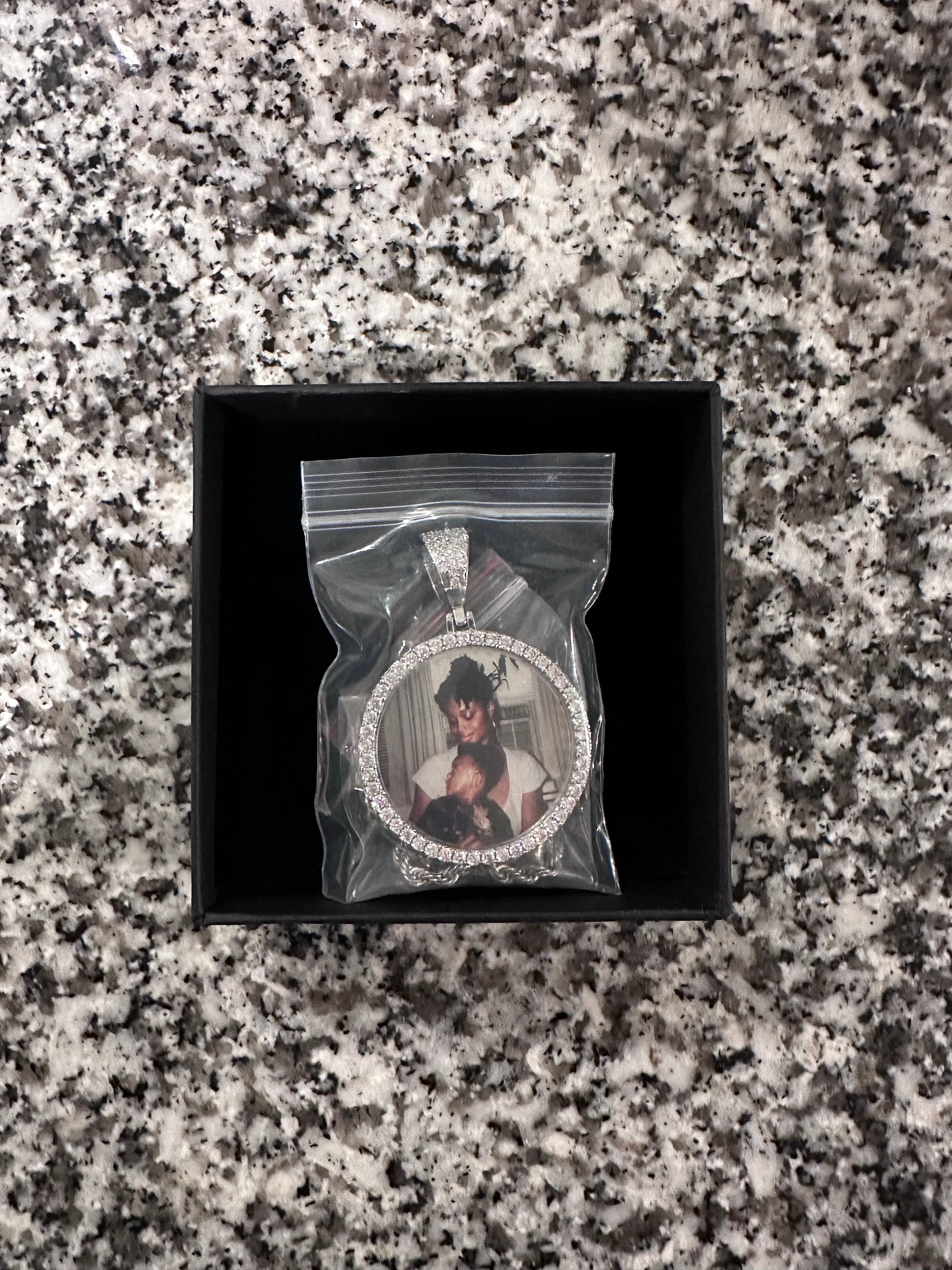 Personalized Diamond Studded Angel Wings Photo Necklace, Photo Necklace, Hip Hop Photo Pendant, Iced Custom Round Photo Pendant