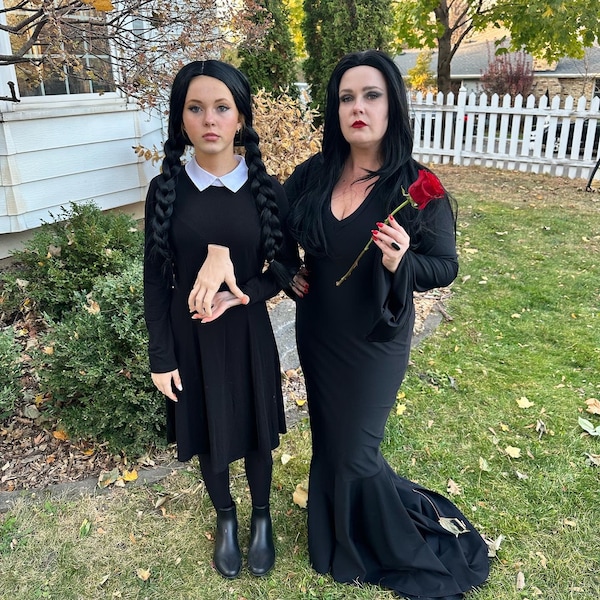 Morticia V neck Gown in Black Zen With Long Pixie Sleeves and Puddle Morticia V neck Gown in Black Zen With Long Pixie Sleeves and Puddle