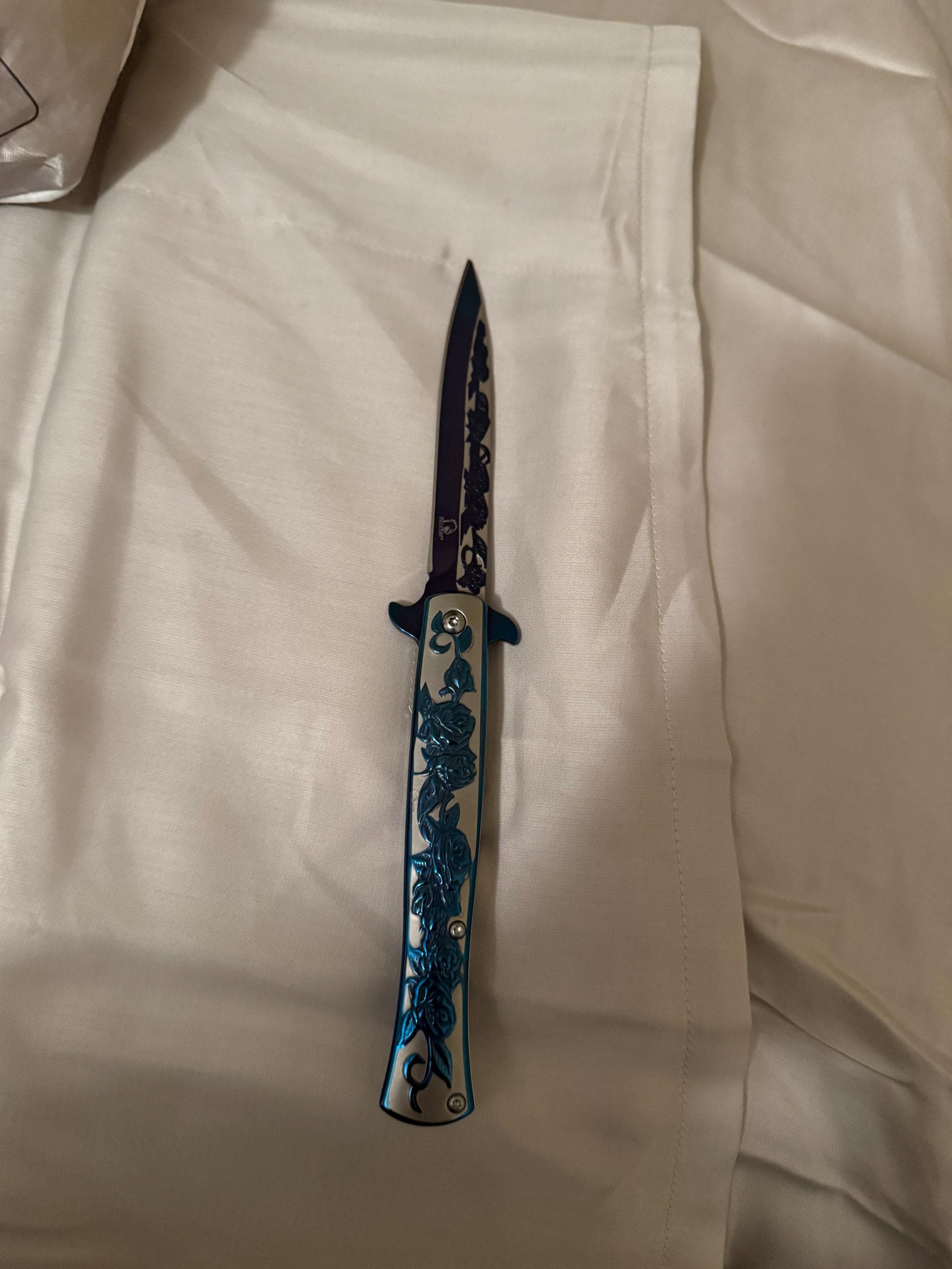 9” Black Rose Engraved Cute Spring Assisted Open Blade Folding Pocket Knife. Hunting, Camping, Cute Knife. Cool Knife.