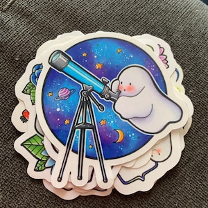 Cute Space Stargazing Ghost Vinyl Sticker