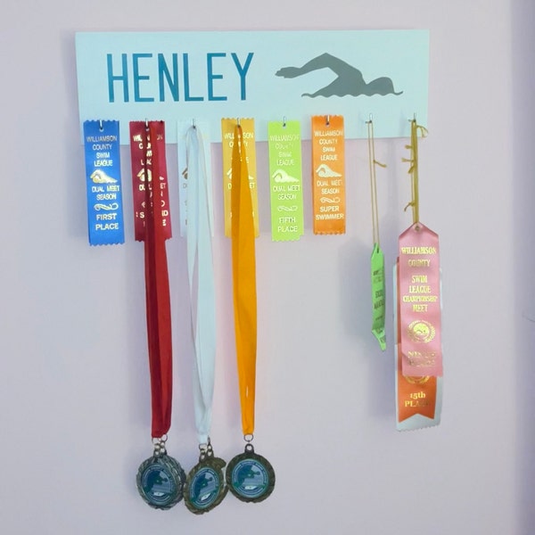 Personalized Swim Ribbon Holder Award Display With Hooks/clips - Etsy
