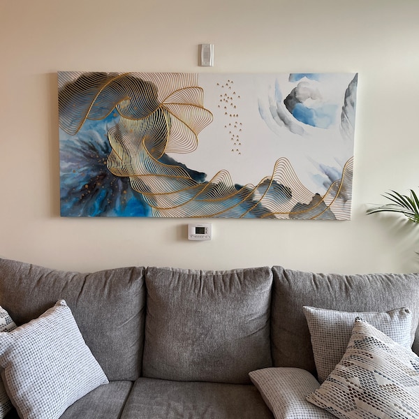 Navy Blue Abstract Painting on Canvas Wall Art Framed for Living Room Wall Home Decor Abstract ...