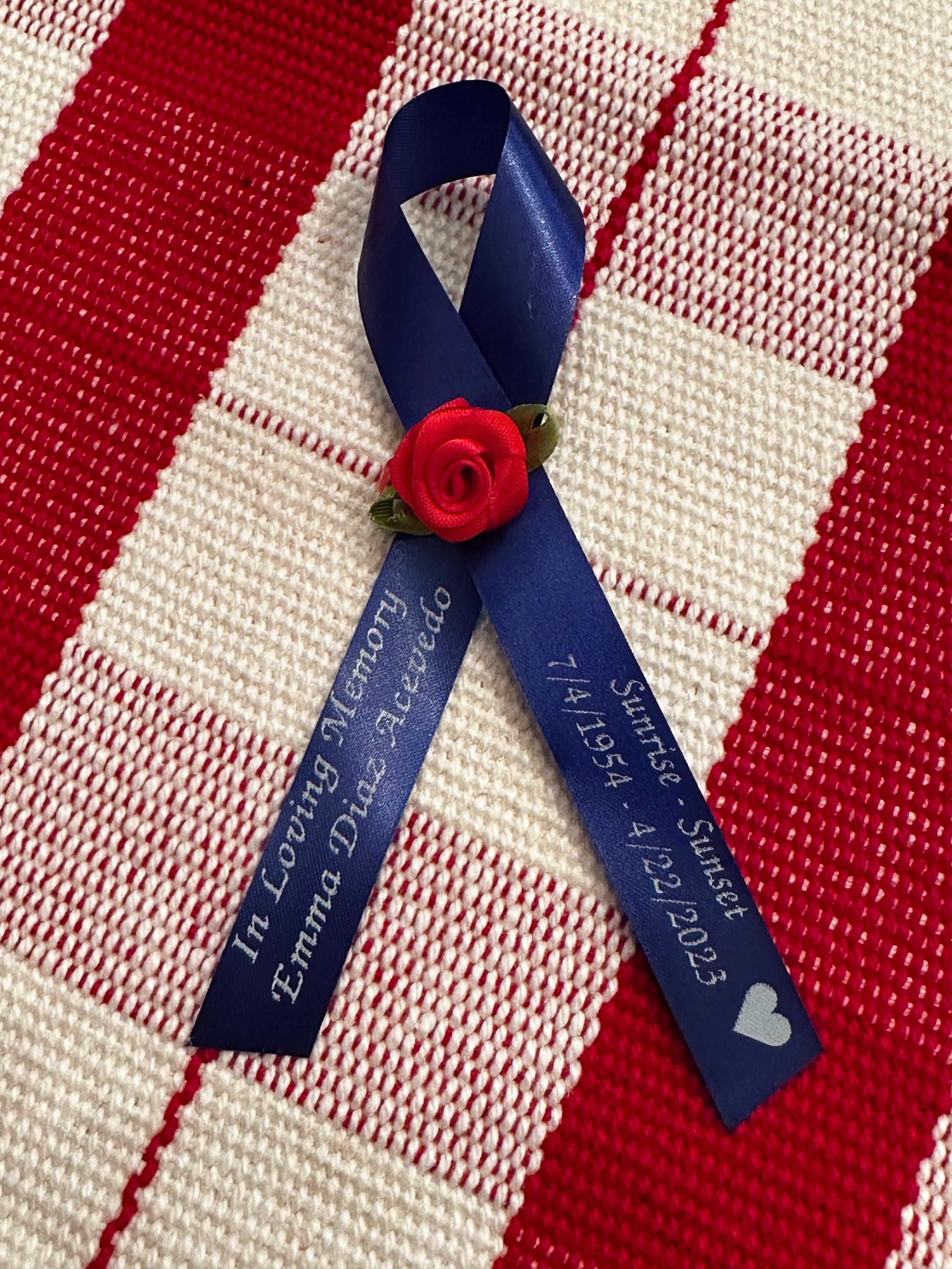 Personalized Memorial Ribbons with Pins for Funeral or Celebration of Life Assembled Fundraiser Awareness Ribbon - Rose Center Decoration