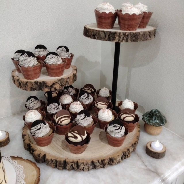 14 Tall 3 Tier Rustic Wood Slice Cupcake Stand, Natural Wooden Cake Stand  Dessert Display With Metal Poles 