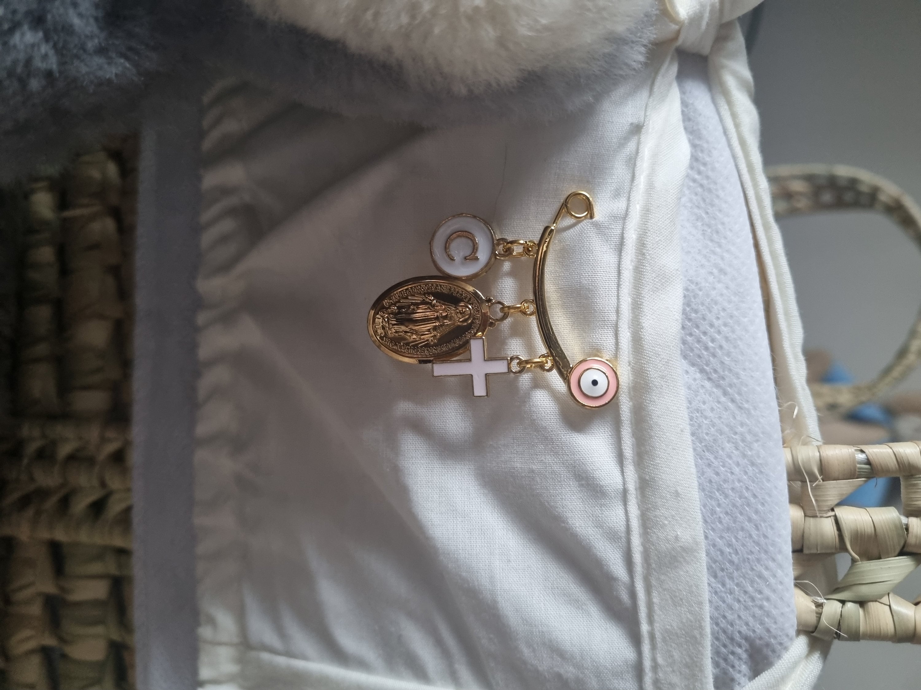 Personalised Initial Gold Evil Eye, Virgin Mary, Cross, Protection Baby Pin, Gold Safety Pin, Jewellery, Custom, Christian