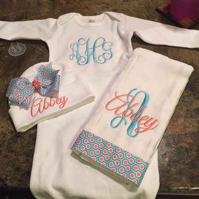 Baby Girl Coming Home Outfit, Monogram Baby Gown Beanie Hat ...