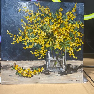 オリジナルの厚塗り油絵、花の静物画、植物のアートワーク、ミモザの