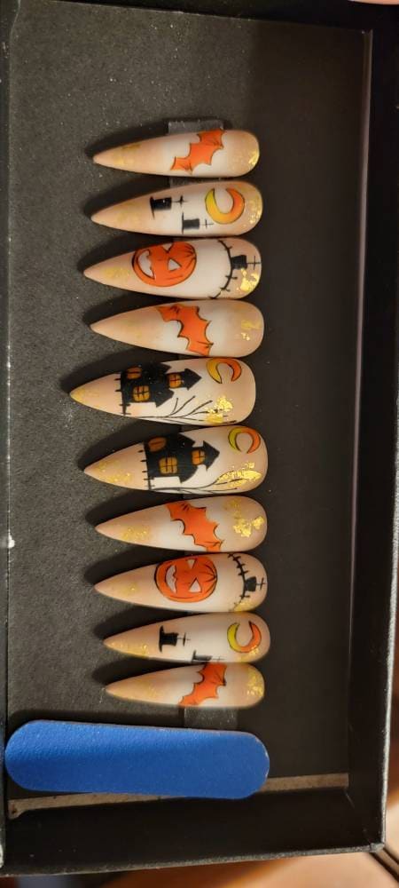 Spooky House Press On Nails | Halloween Special Press On Nails Stiletto | Hand-made Glue On Nails | Luxury Fake Nails | False Nails HA2