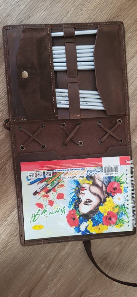 Drawing sketchbook and pencils and leather cover, valentines day gifts sketch book personalized by name, birthday gift for girlfriend & boys