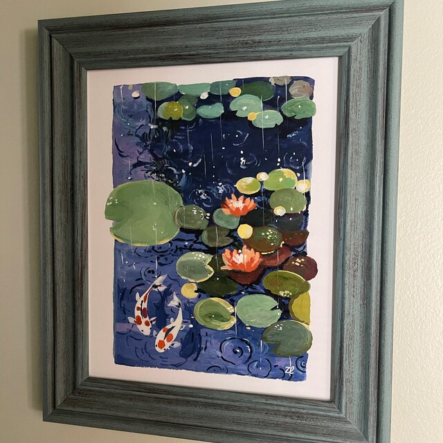 雨の中の睡蓮のアートプリント：禅の鯉の池 - 自然の壁アート - Etsy 日本