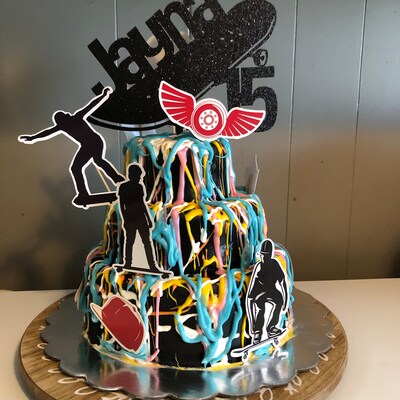 Black Glitter Skateboard Cake Topper - Skateboarding Theme Birthday Party Decorations