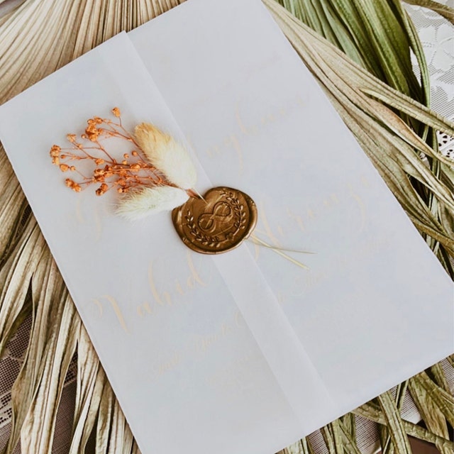 bohemian flower acrylic wedding card with vellum package and wax seal decor