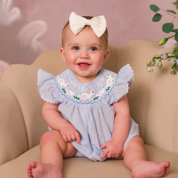 Geometric Smocked Blue Green and White Plaid Seersucker Peter Pan Collared Bubble