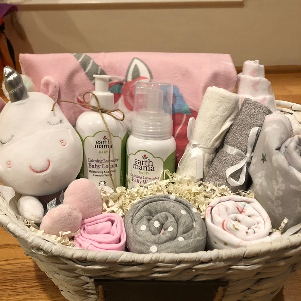 Organic Baby Gift Basket, Personalize Name, Girl Baby Shower Basket ...
