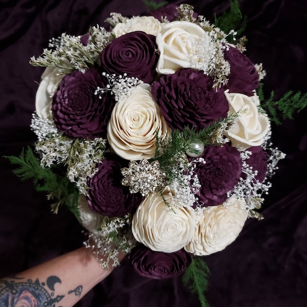 Dark Purple Sola Wood Flower Bouquet, Plum Wooden Bouquet, Bride ...