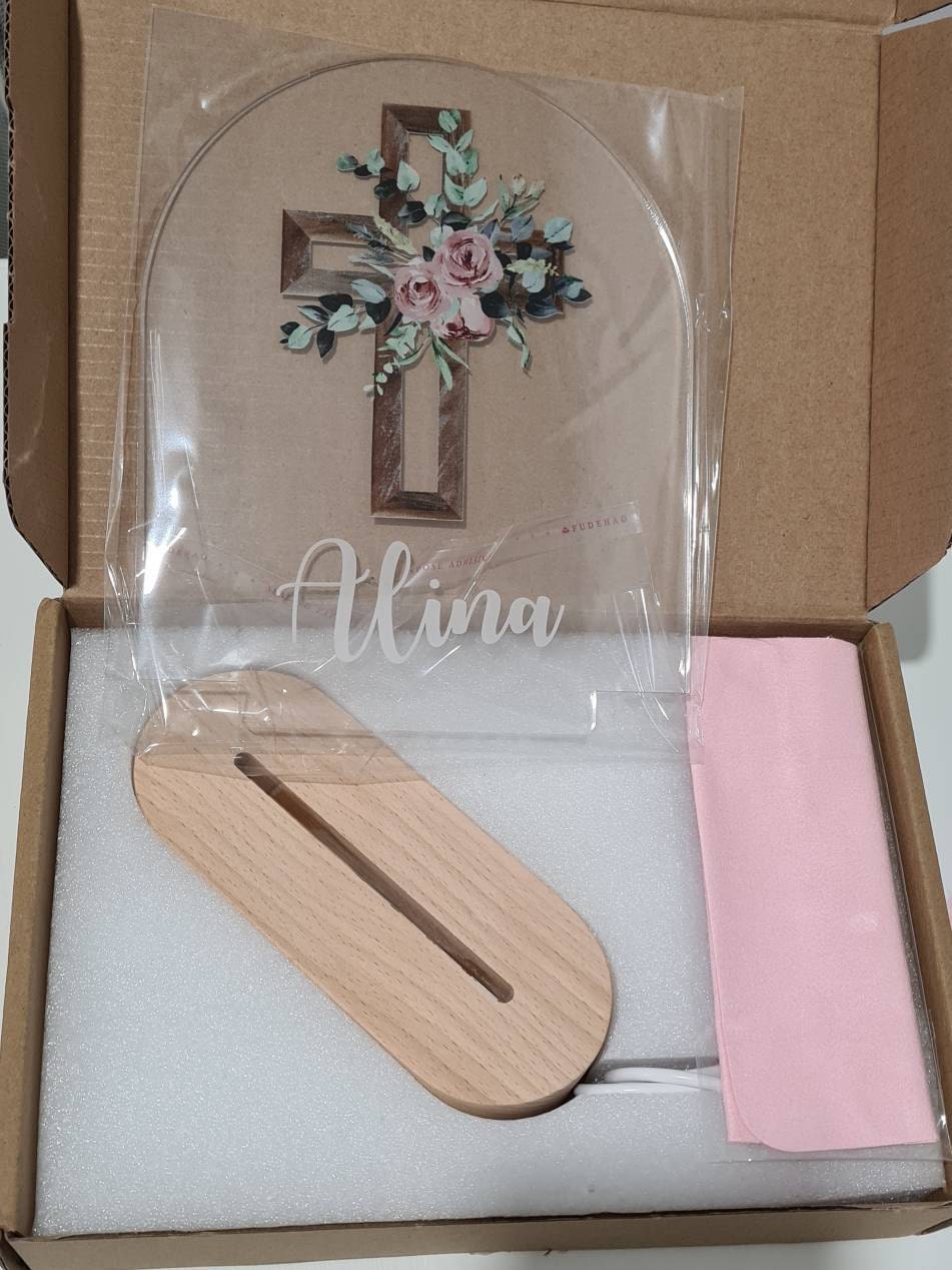 Baby Gift Baptism Gift Christening Gift- Custom Boy or Girl Name Keepsake Light - Religious Pink Cross