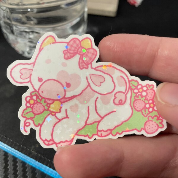 Strawberry Cow - Holographic Vinyl Sticker - Etsy