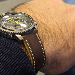 Bracelet De Montre En Cuir De Buffle Véritable - Largeur 20 Mm - Noir/Marron - Taille Longue/Large (L) - Neuf