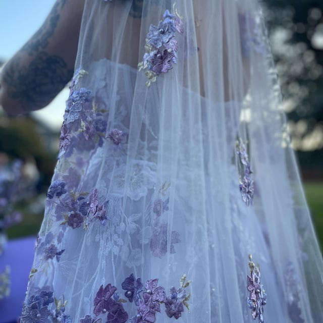 Lavender Floral Embroidery Bridal Veil - Unique Colorful Wedding