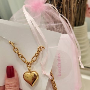 Gold Puffed Hollow Heart Pendant Necklace Chunky Jewelry