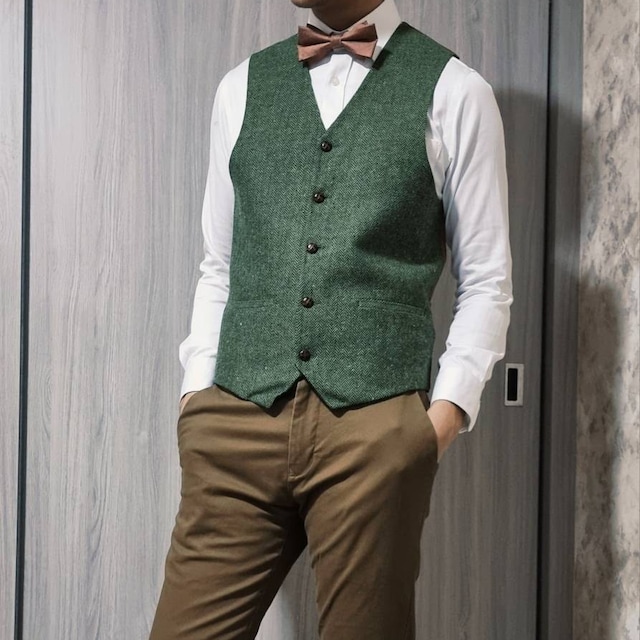 Gilet En Laine Tweed Vert King & Priory - Herringbone De Luxe, Made In UK