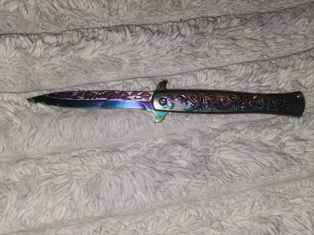9” Black Rose Engraved Cute Spring Assisted Open Blade Folding Pocket Knife. Hunting, Camping, Cute Knife. Cool Knife.