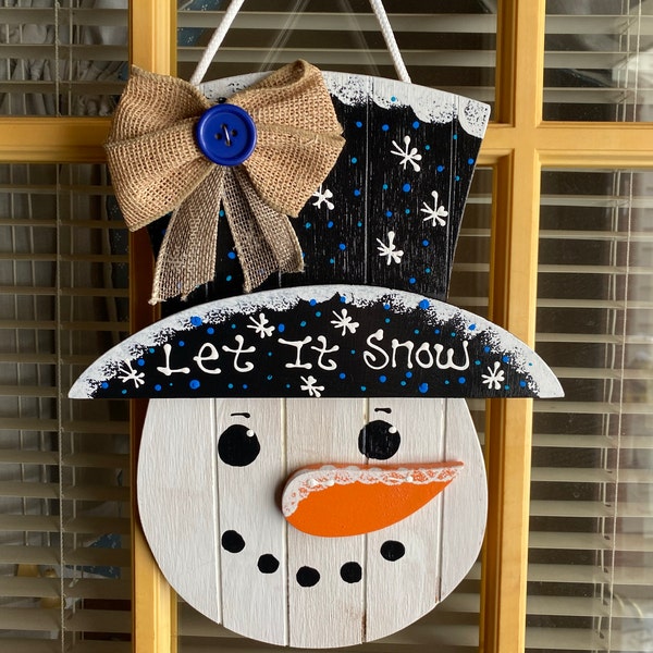 Let It Snow SNOWMAN SIGN Grooved Wood Hanging Hanger Plaque Winter Door ...