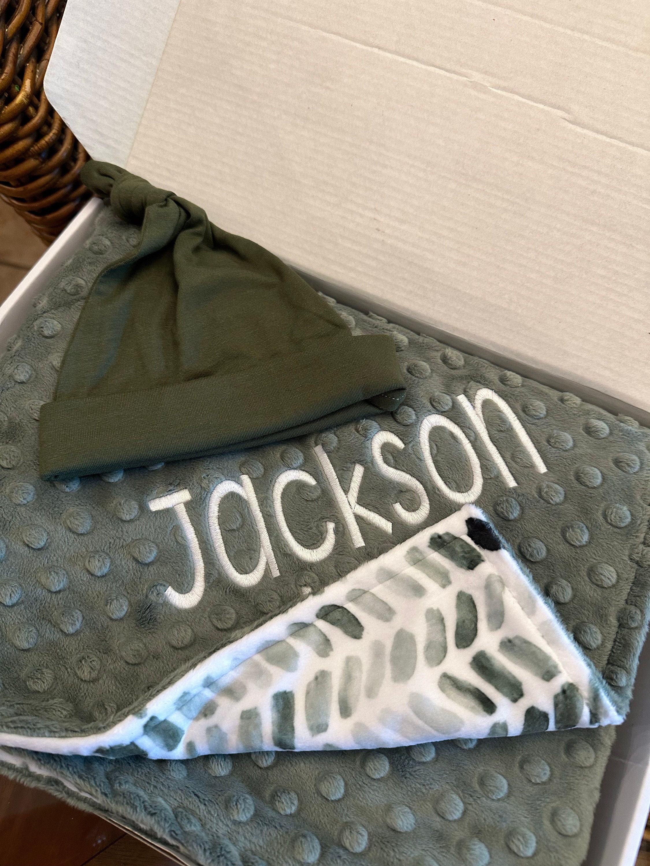Personalized Blanket for Baby Boy, Green Minky Blanket with Name, Name Baby Shower Gift, Embroidered Minky Blanket for Newborn