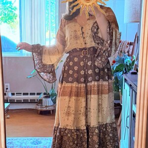 Desert Solstice Hippie Boho Maxi Dress, Earthy Print Bell